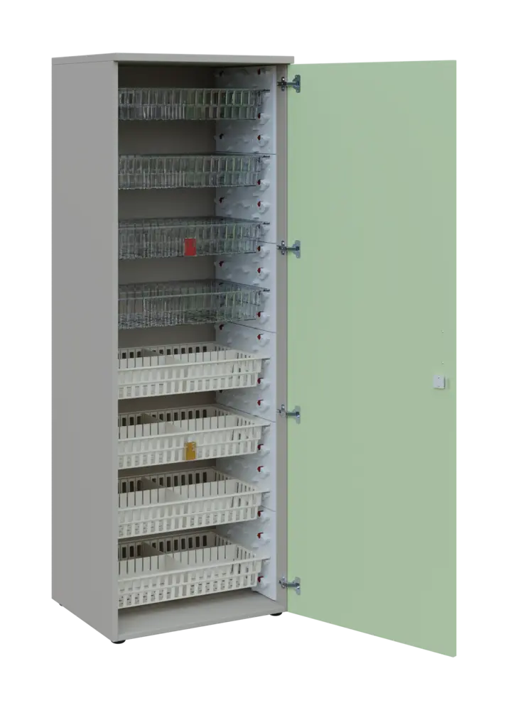 EUROMEDICA D - 66/M skříň léková boxová, 1-dveřová, pravá, 1950x660x535, korpus šedý, dvířka šedo-zelinkavá